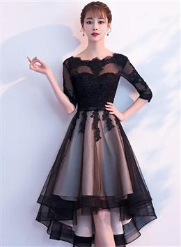 Picture of Champagne and Black Color High Low Short Sleeves Party Dresses, High Low homecoming Dresses Formal Dress